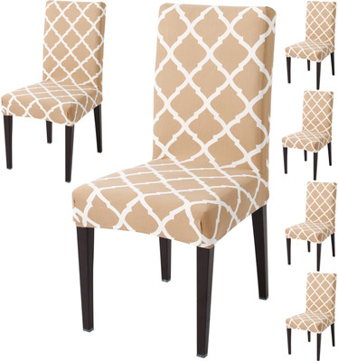 HOKiPO Polyester 6 Seater Chair Checkered Cover(Pack of 6 Beige)