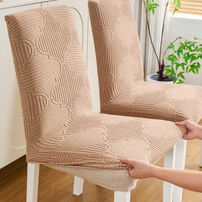 HOMETHREADS Jacquard 8 Seater Chair Striped Cover(Pack of 8 Beige)