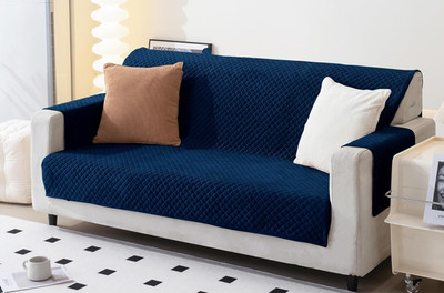 Fashion Throw Velvet 3 Seater Sofa Checkered Cover(Pack of 1 Blue)
