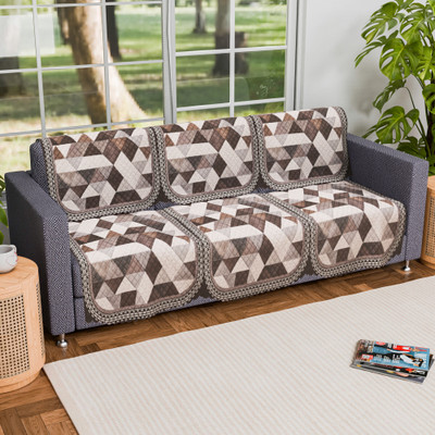 KUBER INDUSTRIES Velvet Abstract 3 Seater Sofa Cover(Cream & Brown Pack of 6)