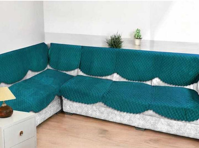 salajya anchla Velvet Checkered 3+3 Seater L-Shape Sofa Cover(green c Pack of 1)