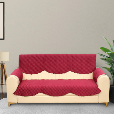 Kailash Velvet Geometric 3 Seater Sofa Cover(Maroon Pack of 1)