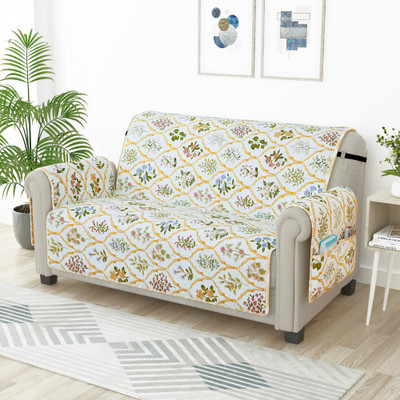 Story@home Synthetic Floral 2 Seater Sofa Cover(Beige & Green Pack of 1)