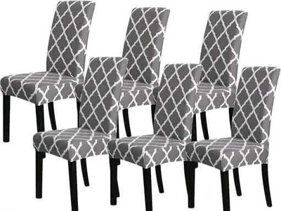 Little Lit Cotton 6 Seater Chair Geometric Cover(Pack of 6 GREY)