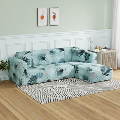 lukzer Polyester Floral 3+3 Seater L-Shape Sofa Cover(Light Blue Design/RHS Pack of 1)
