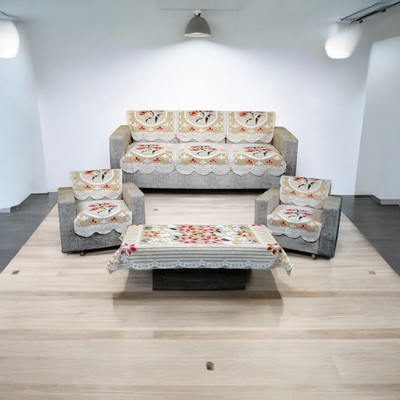 R2H2 Polyester Floral 3+2 Seater Sofa Cover(Yellow Pack of 6)