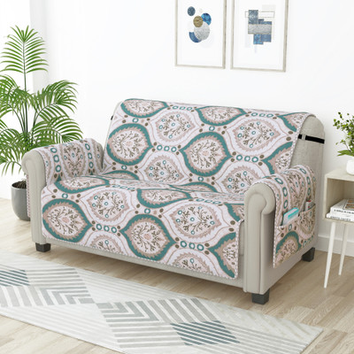Story@home Synthetic Floral 2 Seater Sofa Cover(Ivory & Ocean Green Pack of 1)