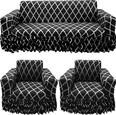Gifts Island Polyester Geometric 3+1+1 Seater Sofa Cover(Black Diamond Non-Slip Stretchable Elastic 360° Frill Sofa Cover (3+1+1 Seater)| Pack of 3)