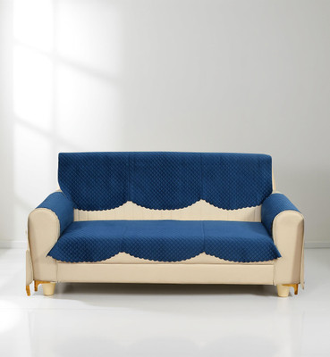 Home Stylish Velvet 3 Seater Sofa Geometric Cover(Pack of 8 Blue)