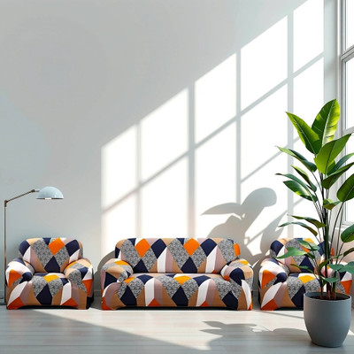 ADstore Polyester Geometric 3+1+1 Seater Sofa Cover(Orange Pack of 1)
