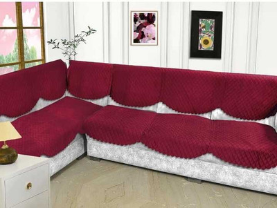 salajya anchla Velvet 3+3 Seater L-Shape Sofa Checkered Cover(Pack of 1 maroon)