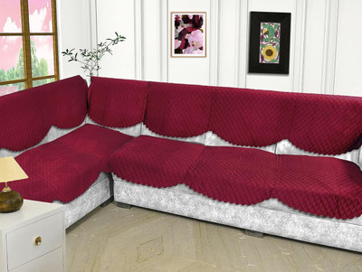 WiseHome Velvet Checkered 3+3 Seater L-Shape Sofa Cover(Maroon Pack of 14)