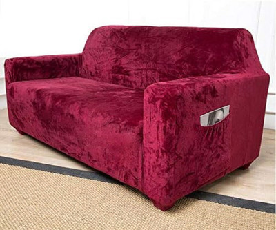 TURIYA Velvet, Polyester Plain 3 Seater Sofa Cover(Maroon Pack of 1)