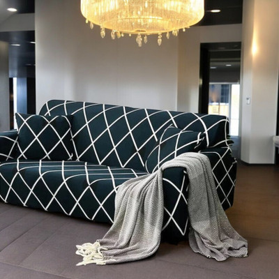 ADstore Polyester Geometric 3 Seater Sofa Cover(blue diamond Pack of 1)