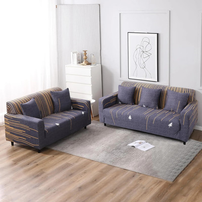 HOKiPO Polyester 3+2 Seater Sofa Striped Cover(Pack of 2 Midnight Blue lines)