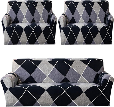 Magic Cover Polyester 3+1+1 Seater Sofa Plain Cover(Pack of 3 Blue Check)