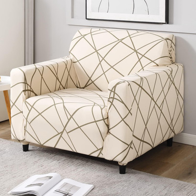 HOKiPO Polyester Abstract 1 Seater Sofa Cover(1 Seater, Beige Abstract Line Pack of 1)