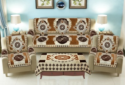 JAYVAAM Velvet, Jacquard, Chenille Geometric Sofa Cover(Brown Pack of 18)