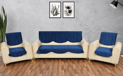 YELLOW WEAVES Velvet Plain 3+2 Seater Sofa Cover(Dark Blue Pack of 6)