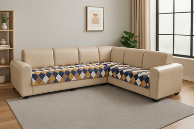 KINGLY Velvet Checkered 3+2 Seater L-Shape Sofa Cover(Yellow Print Pack of 2)