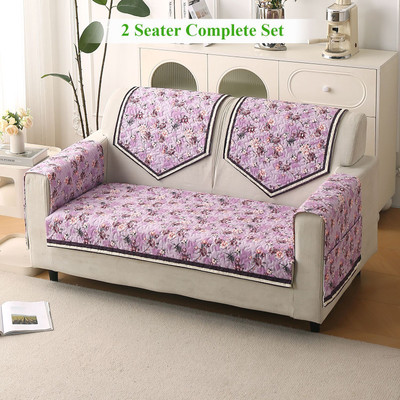 HOKiPO Velvet 2 Seater Sofa Floral Cover(Pack of 5 Peony Lavender)