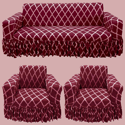 TURIYA Polyester, Polycotton 3+1+1 Seater Sofa Abstract Cover(Pack of 1 Maroon, White)