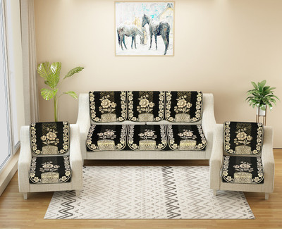 Nendle Chenille 3+2 Seater Sofa Floral Cover(Pack of 6 Black)