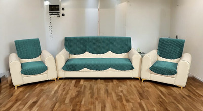 Bigger fish Velvet Checkered 3+1+1 Seater Sofa Cover(Green Pack of 6)