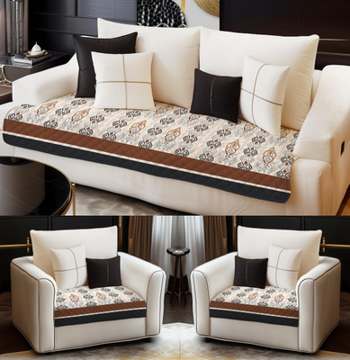 DECORIAN Velvet 3+1+1 Seater Sofa Geometric Cover(Pack of 3 Ikkat)