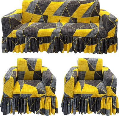 Gifts Island Polyester 3+1+1 Seater Sofa Checkered Cover(Pack of 3 Yellow Prism Non-Slip Stretchable Elastic 360° Frill Sofa Cover (3+1+1 Seater))