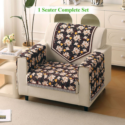 HOKiPO Velvet 1 Seater Sofa Floral Cover(Pack of 4 Camellia Brown)