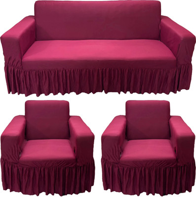 Gifts Island Polycotton 3+1+1 Seater Sofa Plain Cover(Pack of 3 Maroon Plain Non-Slip Stretchable Elastic 360° Frill Sofa Cover (3+1+1 Seater)|)