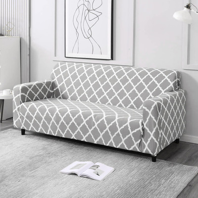 TURIYA Polyester, Polycotton Geometric 3 Seater Sofa Cover(Grey, White Pack of 1)