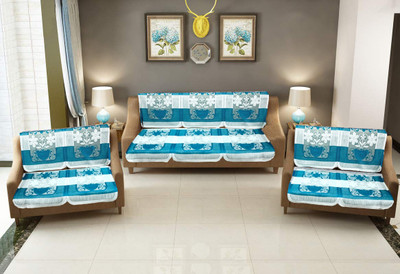 LEAFNEST Cotton 3+2+2 Seater Sofa Floral Cover(Pack of 1 Blue, Aqua)