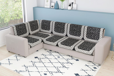 Nendle Velvet Abstract 3+3 Seater L-Shape Sofa Cover(Black Pack of 6)