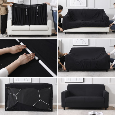 TURIYA Polyester Plain 3 Seater Sofa Cover(Black Pack of 1)