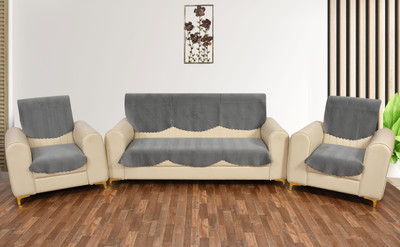 YELLOW WEAVES Velvet Plain 3+2 Seater Sofa Cover(Grey Pack of 6)