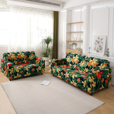 HOKiPO Polyester 3+2 Seater Sofa Floral Cover(Pack of 2 Spring Green Hibiscus)