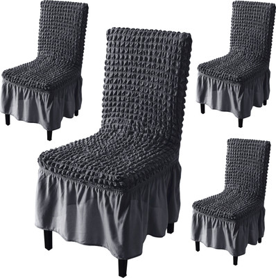 HOKiPO Polyester 4 Seater Chair Plain Cover(Pack of 4 Stretchable Turkish Bubble Frill Chair Cover - Anchor Grey (AR-5258-AGRY*4))