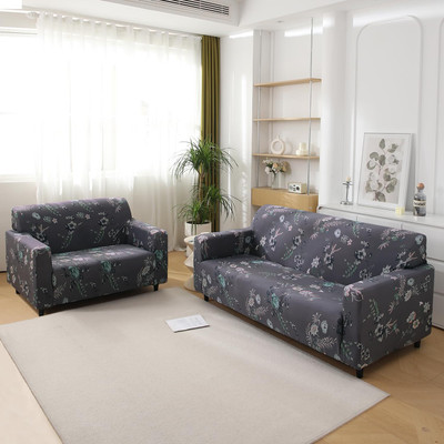 HOKiPO Polyester 3+2 Seater Sofa Floral Cover(Pack of 2 Bentonite Grey Budding Florals)