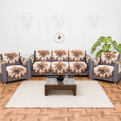 KUBER INDUSTRIES Cotton 3+2 Seater Sofa Floral Cover(Pack of 16 Cream & Brown)