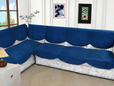 WiseHome Velvet 3+3 Seater L-Shape Sofa Checkered Cover(Pack of 14 Navy Blue)