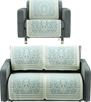 HOMESTIC Cotton 3 Seater Sofa Floral Cover(Pack of 6 Aqua & White)