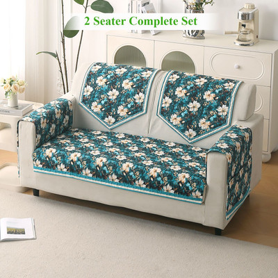 HOKiPO Velvet 2 Seater Sofa Floral Cover(Pack of 5 Pansies Teal)
