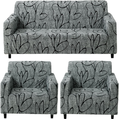 HOKiPO Polyester 3+1+1 Seater Sofa Floral Cover(Pack of 3 Intense Grey Abstract Floral)