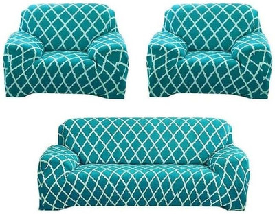 papsun Polyester Geometric 3+1+1 Seater Sofa Cover(Blue Pack of 1)