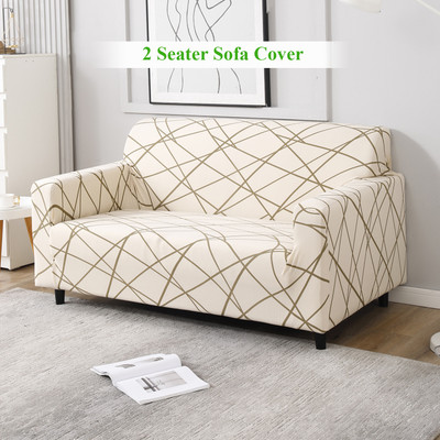 HOKiPO Polyester Geometric 2 Seater Sofa Cover(Beige Abstract Line Pack of 1)