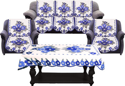 KUBER INDUSTRIES Cotton 3+1+1 Seater Sofa Floral Cover(Pack of 7 Blue & Cream)