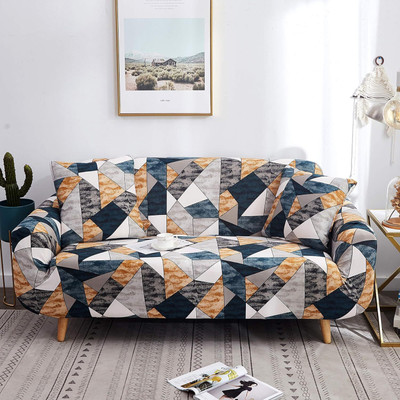 KriShyam Polyester Geometric 3 Seater Sofa Cover(Blue, Yellow Pack of 1)