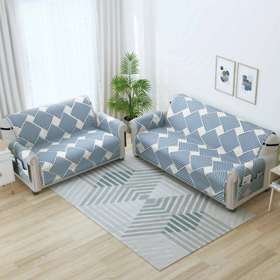 Story@home Synthetic Geometric 3+2 Seater Sofa Cover(Greyish Blue Pack of 2)